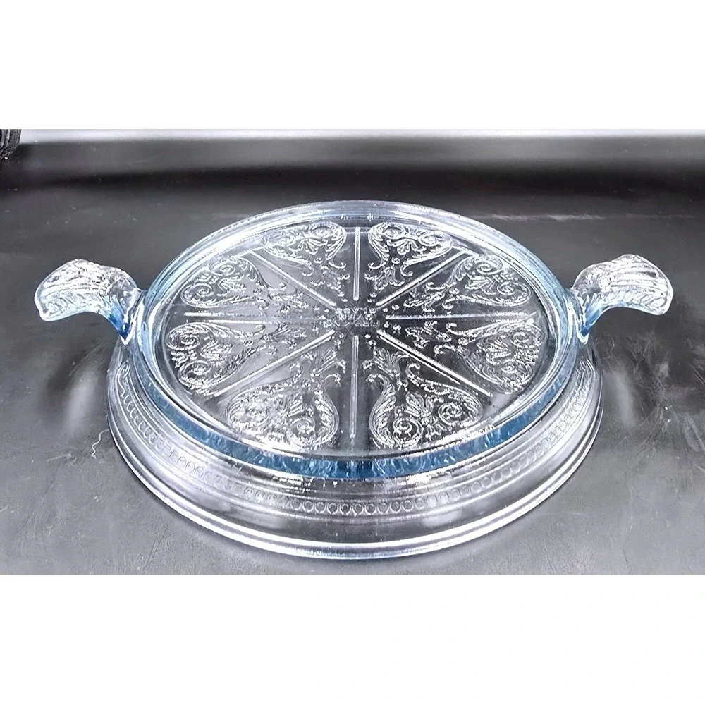 Philbe Sapphire Blue Fire King Glass Serving Dish and Trivet‎ SET Floral Etched
